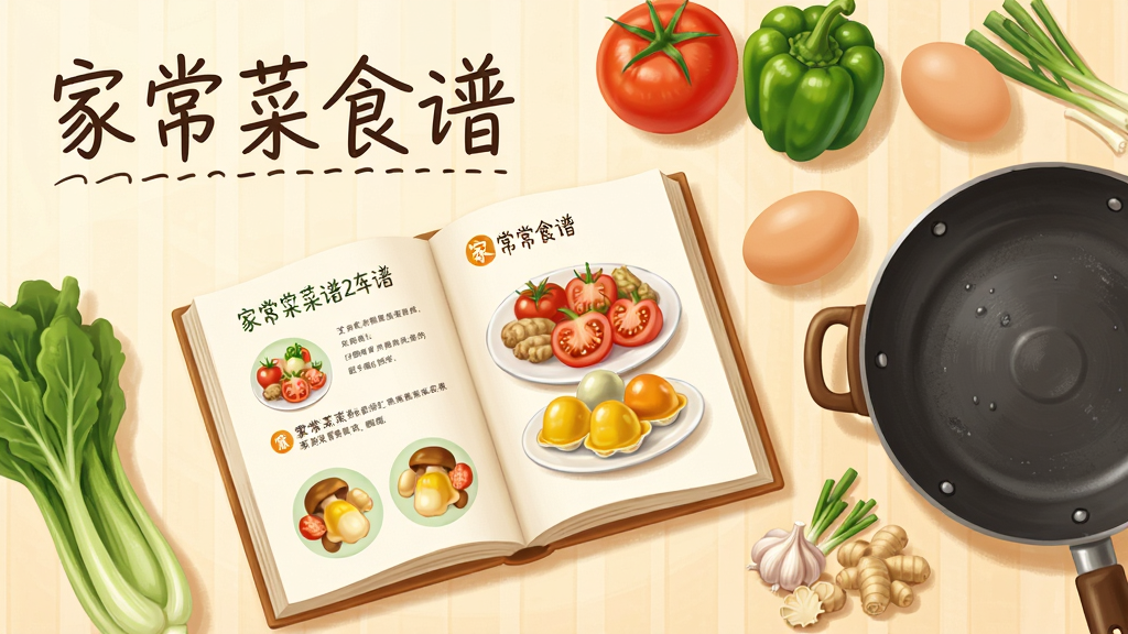 主体是一本打开的家常菜谱书,旁边摆放着新鲜蔬菜和炒锅,布局采用俯视平铺构图,排版上软件名称“家常菜食谱”以手写体样式出现在画面左上角,风格为温暖明亮的家庭厨房插画风格,细节包括番茄、青椒、鸡蛋、葱姜蒜等常见食材,画面干净整洁无多余元素,画质高清细腻,整体色调温馨自然