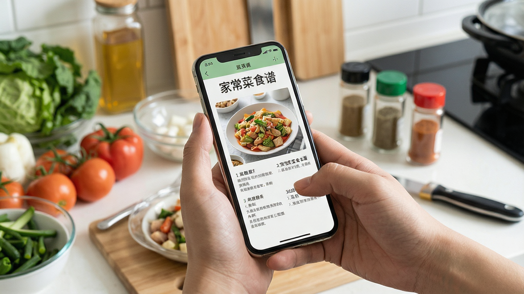 主体是一双手拿着手机在厨房查看家常菜食谱的步骤页面,布局为近景特写,排版上软件名称“家常菜食谱”显示在手机屏幕中央,风格为真实生活摄影风格,细节包括厨房台面上的食材和调料,画面干净无杂乱物品,画质清晰明亮