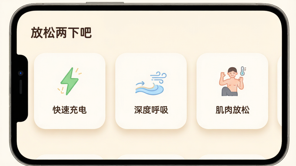 主体为“放松两下吧”应用内的多场景选择界面,布局为横向卡片式排列,背景为温暖的米白色,排版上展示三张功能卡片分别标注“快速充电”“深度呼吸”“肌肉放松”,风格为柔和圆角设计,细节包括卡片上的小图标与浅色阴影,画质清晰,画面干净,无多余元素