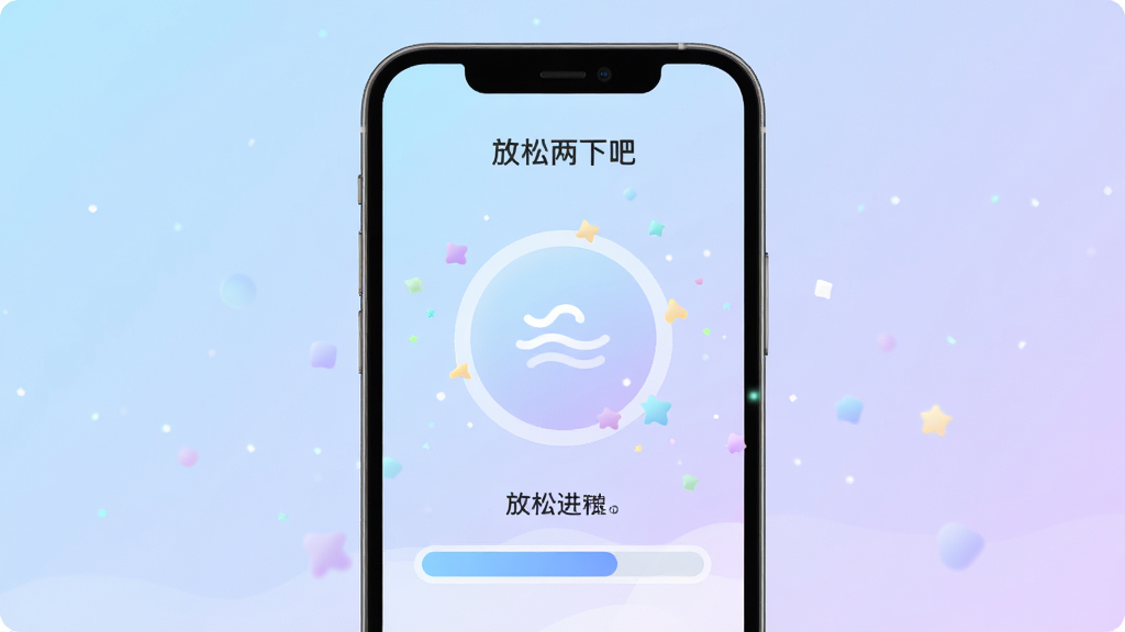 主体为一款名为“放松两下吧”的手机应用界面展示,布局采用居中构图,背景为柔和的浅蓝到淡紫渐变,排版上手机屏幕内显示简洁的呼吸引导圆圈与放松进度条,风格为扁平化插画风,细节包括圆润的图标、柔光效果和微妙的粒子飘散,画质高清,画面干净,无多余元素