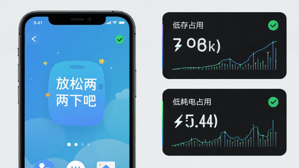 主体为“放松两下吧”应用在手机后台运行时的资源占用示意图,布局采用手机屏幕与数据面板左右对比,背景为干净的浅灰色,排版上左侧显示手机界面,右侧显示低内存占用与低耗电的数值标签,风格为科技简约风,细节包括绿色的小对勾标记和细线条图表,画质高清,画面干净,无多余元素