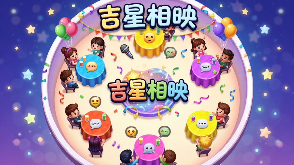 画面主体是一个圆形的虚拟派对房间,房间中央有“吉星相映”字样,周围环绕着不同颜色的小圆桌和卡通人物。布局为俯视视角,房间外有星星点点的光斑。排版上房间名称显示在顶部。风格为卡通派对风,色彩丰富明亮。细节包括气球、彩带、麦克风图标和聊天表情。画质清晰,干净,无多余元素。