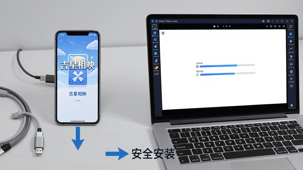 画面主体是一部手机和一台笔记本电脑并排摆放,手机屏幕上显示“吉星相映”的安装界面,电脑屏幕上显示模拟器运行界面。布局为左右对比式,背景为浅灰色桌面。排版上手机和电脑下方有箭头指向“安全安装”文字。风格为写实科技风,色彩以银灰、蓝、白为主。细节包括手机的数据线、电脑的键盘和屏幕上的进度条。画质清晰,干净,无多余元素。