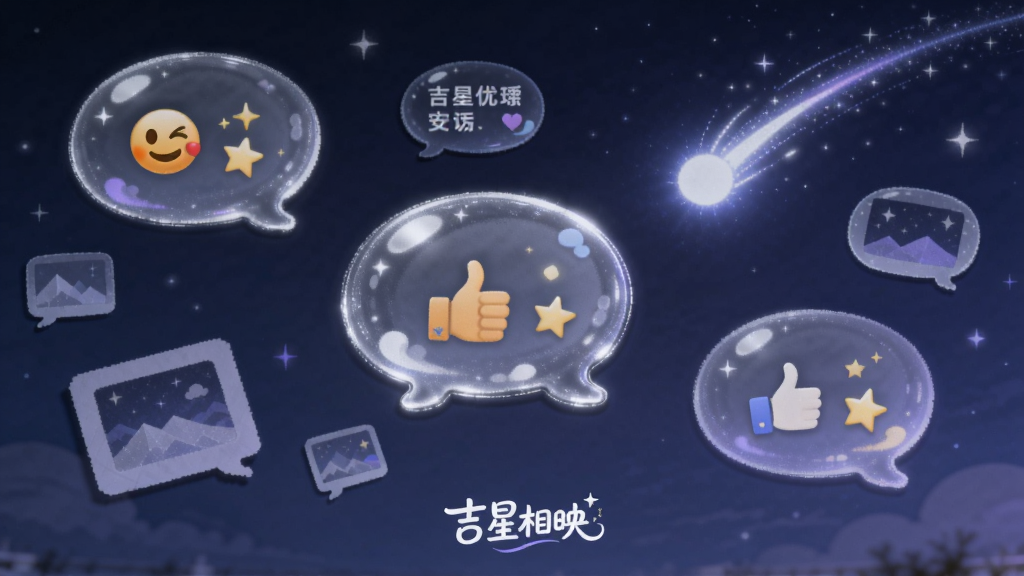 画面主体是一面深蓝色的夜空墙壁,墙上漂浮着发光的文字气泡和图片卡片,一颗流星正从右上角划过。布局为横向宽幅,墙壁下方有“吉星相映”的logo。排版上气泡错落有致。风格为唯美插画风,色彩以深蓝、银白和淡紫为主。细节包括气泡内的表情符号、点赞手势和星星拖尾。画质高清,干净,无多余元素。