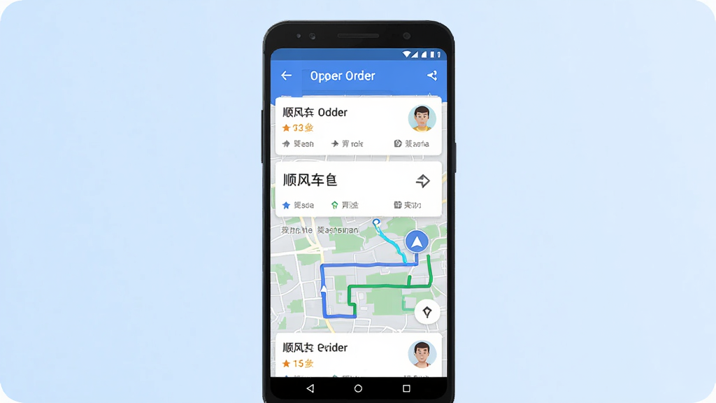 顺风车跑单助手应用主界面展示,画面中央放置一部安卓手机,屏幕显示顺风车订单列表与地图路线,背景为浅蓝色渐变,布局采用居中构图,风格为扁平化科技风,细节包含订单卡片、导航箭头、车主头像图标,画质清晰干净无多余元素