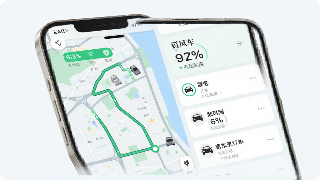 顺风车跑单助手智能路线匹配界面,画面主体为手机屏幕显示地图路线与匹配订单列表,布局采用左右分栏,风格为清新浅色科技风,细节包含绿色路线轨迹、百分比匹配度标识、车主车辆图标,画质清晰干净无多余元素