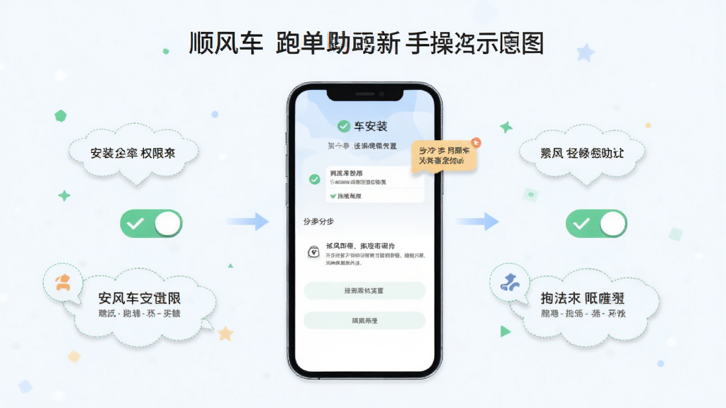 顺风车跑单助手新手操作指引示意图,画面中央为手机屏幕显示安装步骤与权限设置界面,布局为分步流程图形式,风格为清新浅色扁平风,细节包含勾选图标、权限开关、提示气泡,画质清晰干净无多余元素