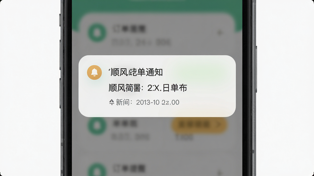顺风车跑单助手接单提醒通知弹窗展示,画面中央为手机屏幕弹出通知卡片,布局为居中悬浮式,风格为柔和圆角设计,细节包含铃铛图标、订单简要信息、时间戳,画质高清干净无多余元素