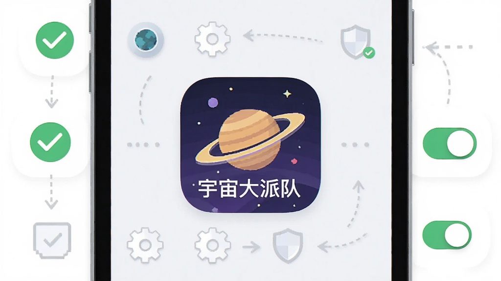 一幅手机界面示意图,屏幕中央显示“宇宙大派队”应用图标,周围环绕着安装步骤图标和权限开关按钮,布局采用步骤引导式排版,风格为简洁扁平化,细节包括对勾、齿轮和盾牌图标,画质清晰,画面干净,无多余元素