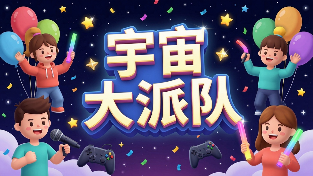 一幅充满活力的线上派对场景,画面中央是写着“宇宙大派队”的立体发光标志,周围环绕着多个卡通风格的虚拟形象,他们拿着麦克风、游戏手柄和荧光棒,背景是星空与彩色气球,布局开阔,排版居中,风格活泼明快,细节包括闪亮的星星和彩色纸屑,画质清晰,画面干净,无多余元素