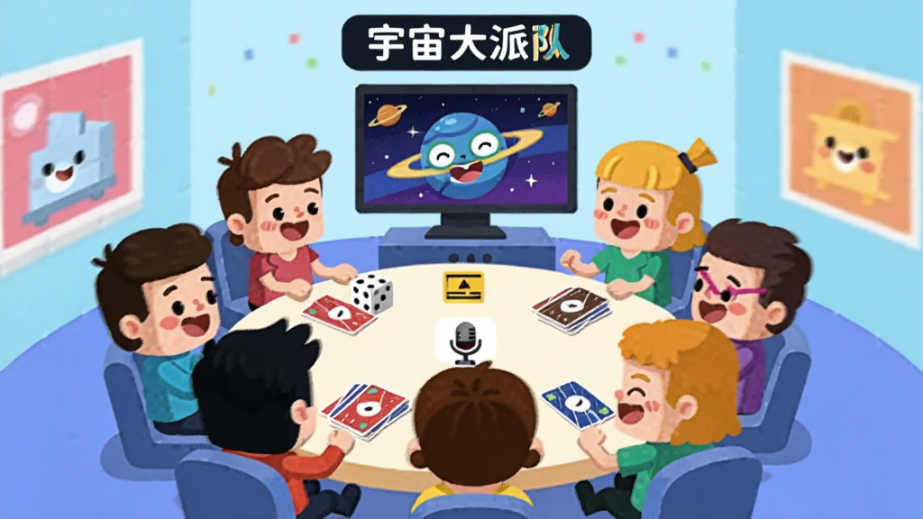 一群卡通角色在虚拟房间内围坐一圈玩互动游戏,屏幕上方显示“宇宙大派队”字样,角色们表情开心,画面布局采用环形构图,风格为扁平化插画,细节包含骰子、卡牌和麦克风图标,画质明亮干净,无多余元素