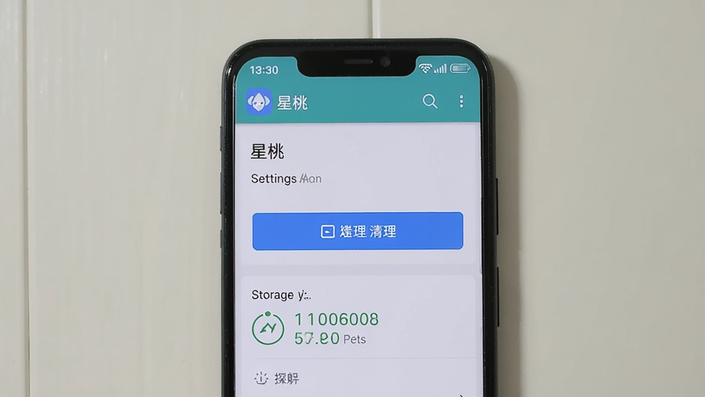 一张展示安卓手机清理缓存操作的图片,手机屏幕显示“星桃”软件的设置页面,页面中有缓存清理按钮和存储占用信息,界面风格简洁,手机以正面视角展示,背景为浅色桌面,画质清晰,无多余元素