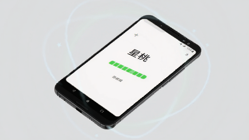 一张展示“星桃”软件运行状态的图片,画面中一部安卓手机屏幕显示星桃的加载完成界面,界面中央有“星桃”字样和进度条已满的提示,手机周围有淡淡的光晕效果,背景为纯色浅灰,整体风格简约现代,画质清晰,无多余元素