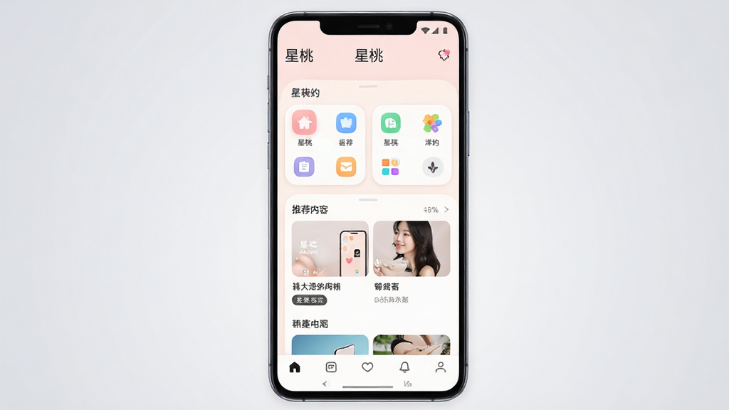 一张展示安卓手机屏幕的图片,屏幕中央是“星桃”软件的主界面,界面采用浅色背景搭配圆角卡片布局,顶部有“星桃”文字标识,中部排列着功能图标和推荐内容区域,底部是导航栏,整体风格干净清爽,画面以手机正面视角居中展示,背景为柔和的浅灰渐变,画质清晰,无多余元素