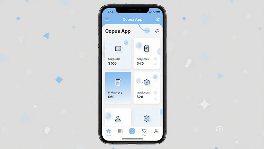 Copus App 软件主界面预览图,画面中央展示一部智能手机,手机屏幕内呈现 Copus App 的首页布局,包含顶部标题栏、中部卡片式功能入口和底部导航菜单,整体采用浅色背景搭配淡蓝色点缀,界面元素排列整齐,风格简洁现代,画质清晰干净,无多余装饰元素,适合用作软件下载站介绍配图