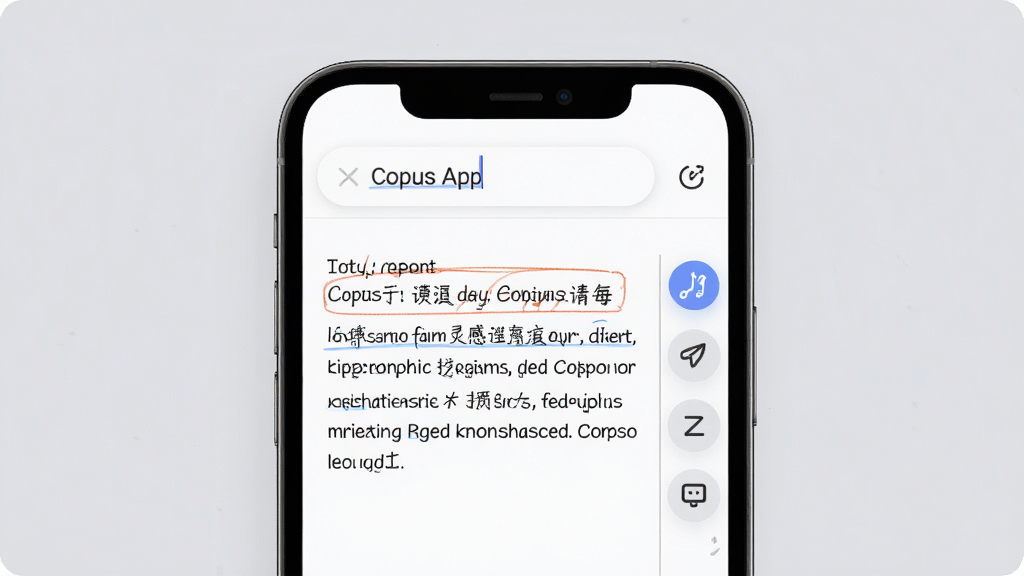 Copus App 灵感速记功能展示图,画面以手机屏幕为主体,屏幕内显示一个正在编辑的笔记页面,顶部有标题输入框,下方为正文编辑区,右侧悬浮快捷按钮,背景为柔和的浅灰色调,整体风格干净利落,细节清晰,画质细腻,无杂乱元素