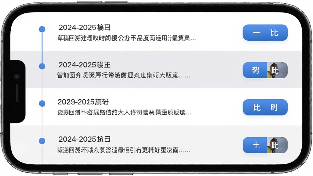 Copus App 草稿管理与版本回溯界面图,画面展示手机屏幕内的时间轴列表,每个节点标注日期与摘要,右侧有对比按钮,背景为白色与淡灰色交替,整体排版清晰,风格简约商务,画质干净,无多余元素
