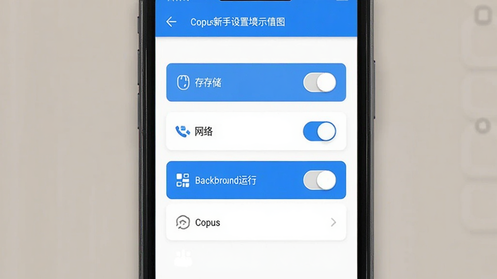 Copus App 新手设置界面示意图,画面展示手机屏幕内的权限管理页面,包含存储、网络、后台运行等开关选项,界面风格清爽,配色以白底蓝标为主,布局规整,画质清晰,适合作为教程配图