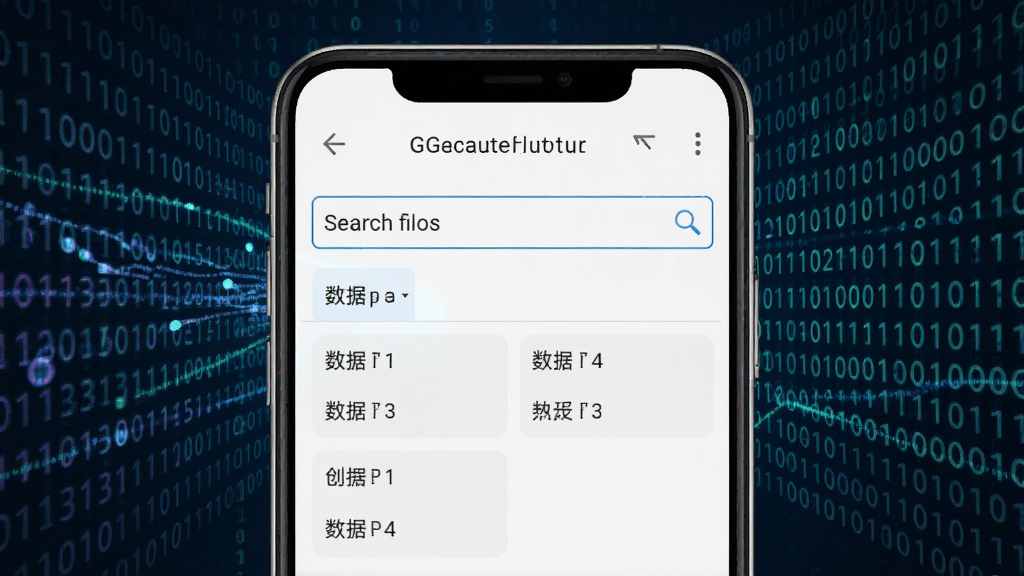 一张展示GG修改器助手内存搜索功能的界面图,画面中手机屏幕显示搜索框和数据类型选项,背景有数据流和二进制代码的抽象图案,风格简洁科技,主体突出,布局居中,画质清晰干净