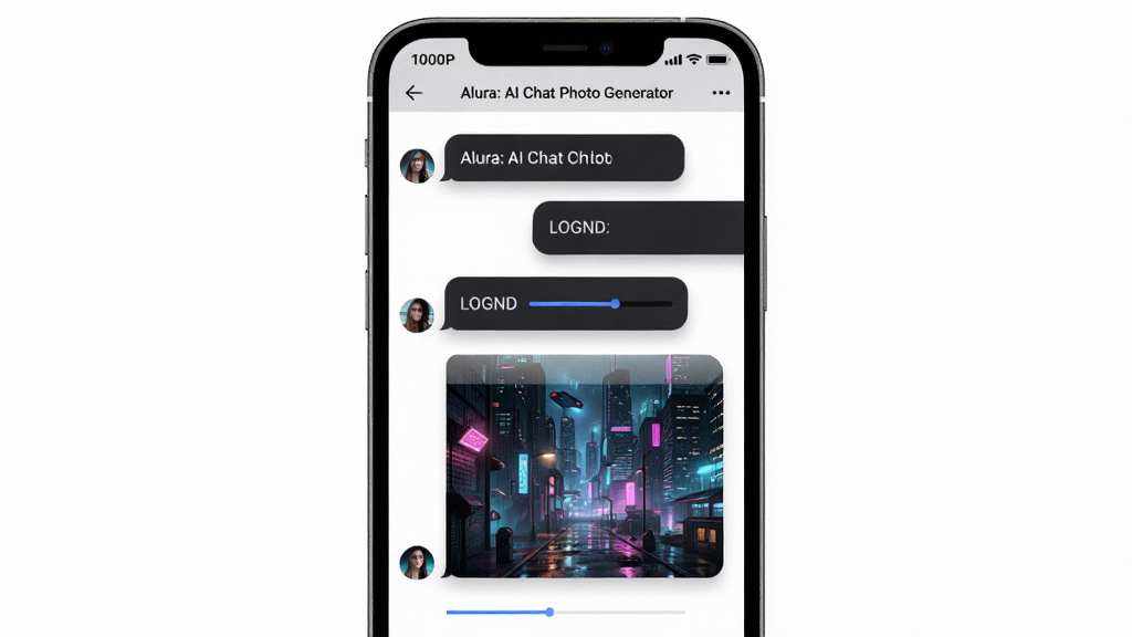 一张展示 Alura: AI Chat Photo Generator 应用界面的图片,画面主体为手机屏幕,屏幕内呈现聊天对话框与生成图片的上下排列,对话框为深色气泡,生成图片为赛博朋克风格城市夜景,布局采用居中对称,风格为扁平化 UI 设计展示,细节包括气泡阴影、图片加载进度条、顶部导航栏,画质 1080P 干净 无多余元素