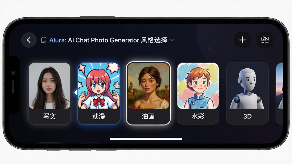 一张展示 Alura: AI Chat Photo Generator 风格选择面板的图片,画面主体为手机屏幕,屏幕内显示横向滑动的风格缩略图卡片,卡片上分别标注“写实”“动漫”“油画”“水彩”“3D”,背景为深色渐变,排版采用横向滚动布局,风格为现代暗色系 UI 设计,细节包括卡片圆角、选中高亮边框、图标微光效果,画质 2K 干净 无多余元素