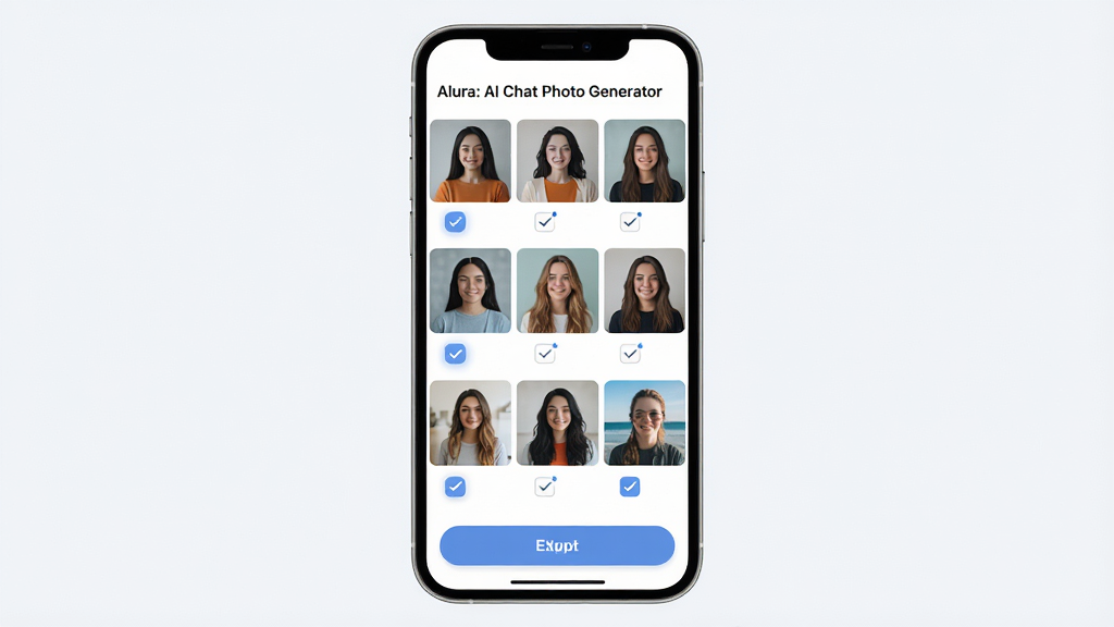 一张展示 Alura: AI Chat Photo Generator 批量生成结果的图片,画面主体为手机屏幕,屏幕内呈现九宫格排列的生成图片,每张图片下方有勾选框,底部有导出按钮,布局为网格状,风格为清爽浅色 UI 设计,细节包括勾选高亮、图片缩略图清晰、按钮圆角,画质 2K 干净 无多余元素