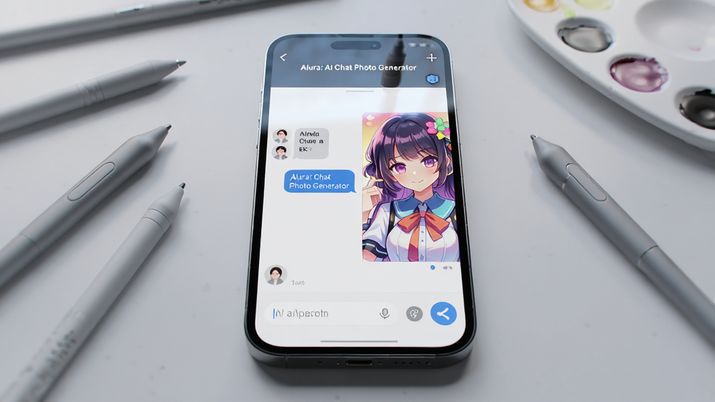 一幅展示智能手机屏幕特写的图片,屏幕中央显示 Alura: AI Chat Photo Generator 聊天界面,左侧有用户输入的文字气泡,右侧生成一幅色彩鲜艳的二次元少女插画,界面底部有输入框和发送按钮,手机周围散落几支触控笔和调色板,背景为简洁的浅灰色工作台,排版居中突出手机主体,风格为现代科技感写实渲染,细节包括屏幕反光、按钮微凸、插画边缘柔光,画质 4K 干净 无多余元素