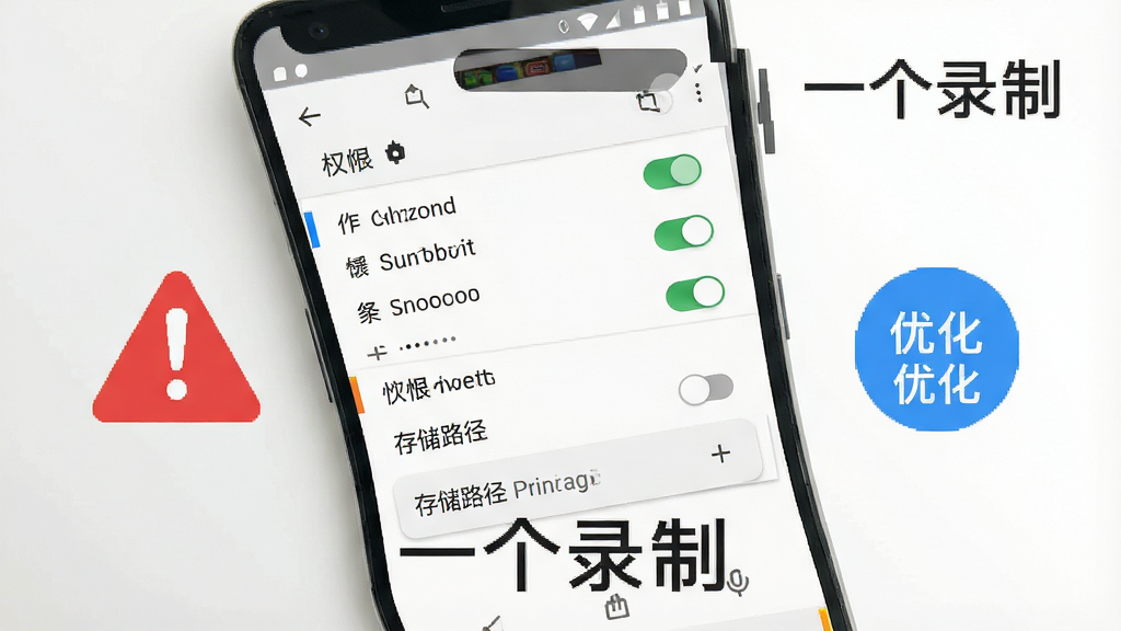 一张安卓手机录屏设置界面的示意图,画面中手机屏幕显示权限开关列表与存储路径选择项,旁边有红色警告图标与蓝色优化提示图标,背景为浅灰与白色搭配,排版清晰,风格简洁实用,画质高清,画面中带有“一个录制”文字,无多余元素