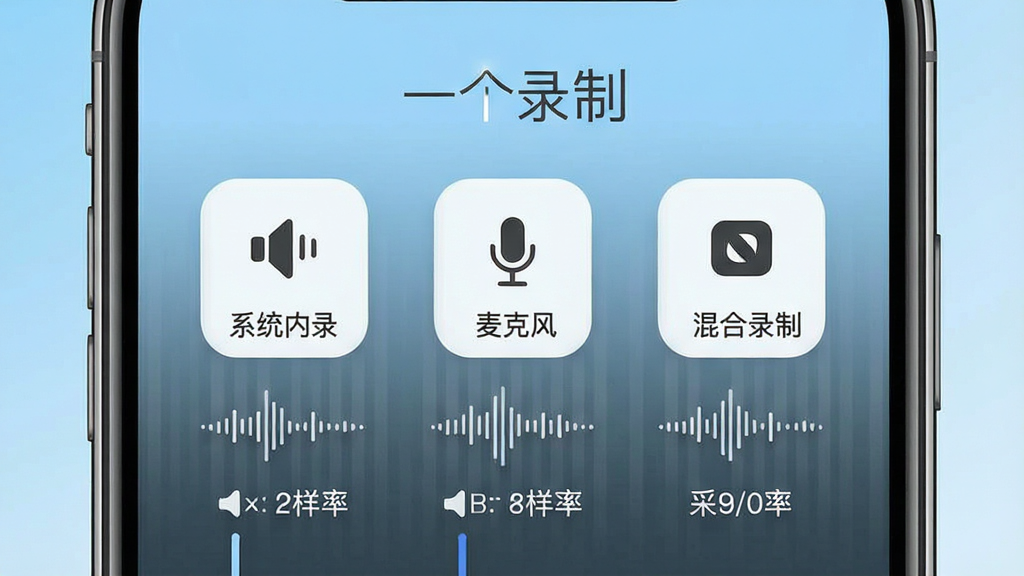 一张展示声音录制选项的界面示意图,画面中央是手机屏幕,屏幕上有三个声音来源图标分别代表系统内录、麦克风、混合录制,图标下方有音量波形与采样率数字,背景为浅蓝色渐变,排版简洁对称,风格清爽现代,画质高清,画面中带有“一个录制”文字,无多余元素