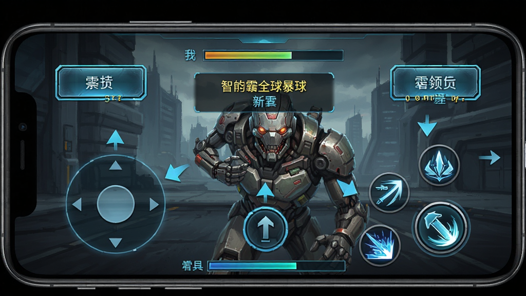 一张智械暴走,而我称霸全球新手引导界面截图,画面显示手机屏幕中央有虚拟摇杆和技能按钮,周围有箭头指示操作步骤,布局为竖版手机UI,风格为科幻游戏界面,细节包含高亮按钮、文字提示框、进度条,画质为高清,干净,无多余元素