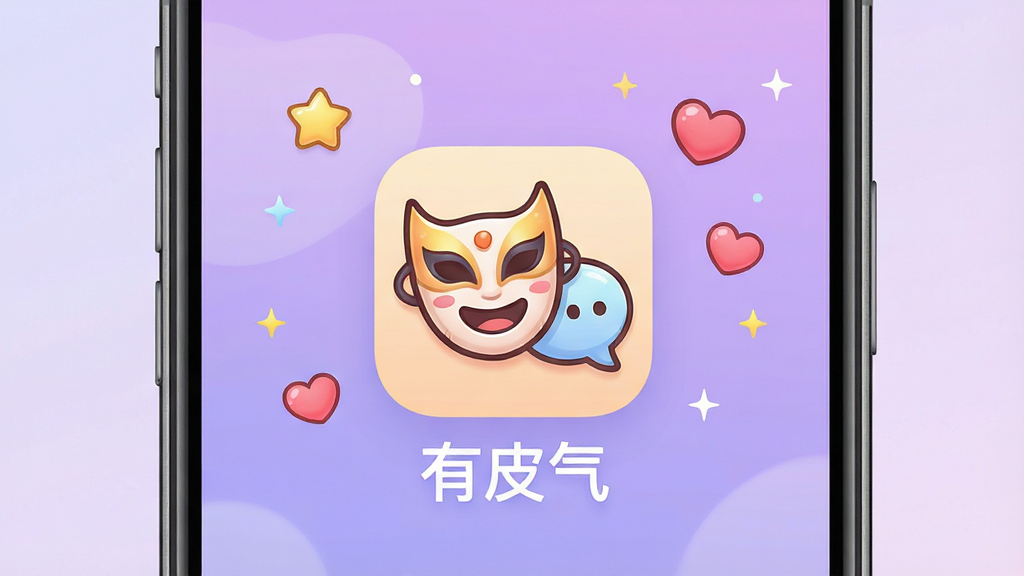 一张展示手机屏幕的图片,屏幕中央显示“有皮气”应用图标和名称,图标带有角色面具和对话气泡元素,背景是柔和的渐变紫色调,周围点缀着星星和爱心图案,画面干净明亮,无多余文字,画质清晰,主体突出,布局居中,风格卡通可爱,细节精致,整体呈现轻松欢快的氛围
