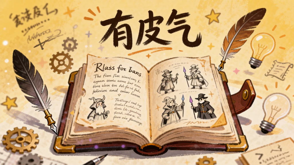 一个创意工坊风格的画面,中央是一本展开的魔法书,书页上浮现出文字和角色草图,周围有羽毛笔、齿轮、灯泡等创意元素,上方悬浮“有皮气”字样,背景为暖黄色调,风格手绘质感,细节丰富,画质细腻,主体居中,无多余元素