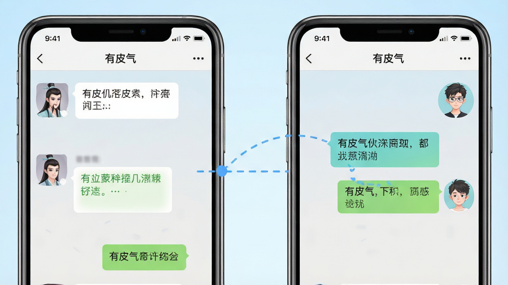 两个手机屏幕并排展示,屏幕中显示“有皮气”聊天界面,左侧屏幕为古风角色头像和对话框,右侧屏幕为现代角色头像和对话框,中间用虚线连接表示互动,背景为淡蓝色渐变,整体风格简洁明快,画质清晰,布局对称,细节干净,无多余装饰