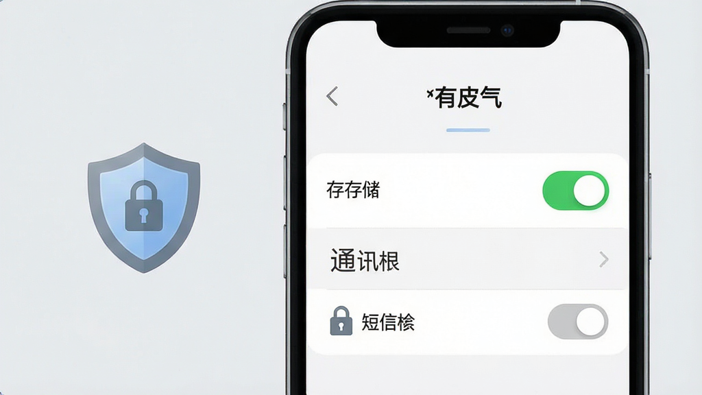 一张手机安全设置界面的示意图,画面中手机屏幕显示“有皮气”应用权限管理页面,存储和麦克风权限为开启状态,通讯录和短信权限为关闭状态,旁边有盾牌和锁的图标,背景为浅灰色,风格简洁科技感,布局清晰,细节干净,画质高清,无多余文字