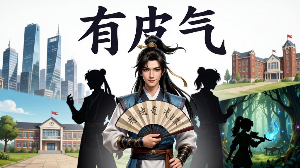 一个奇幻风格的角色扮演场景,画面中央是一位身穿古装手持折扇的侠客角色,周围环绕着现代都市、校园、魔法森林等不同风格的角色剪影,上方飘浮着“有皮气”三个大字,整体色彩丰富,布局错落有致,风格插画质感,细节生动,画质高清,背景干净,无多余元素