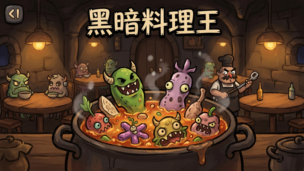 黑暗料理王 游戏主界面 展示地下餐厅场景 多个造型怪异的怪物食材在锅中翻滚 卡通暗黑手绘风格 暖色调灯光 细节丰富 画面干净 高清画质 无多余元素