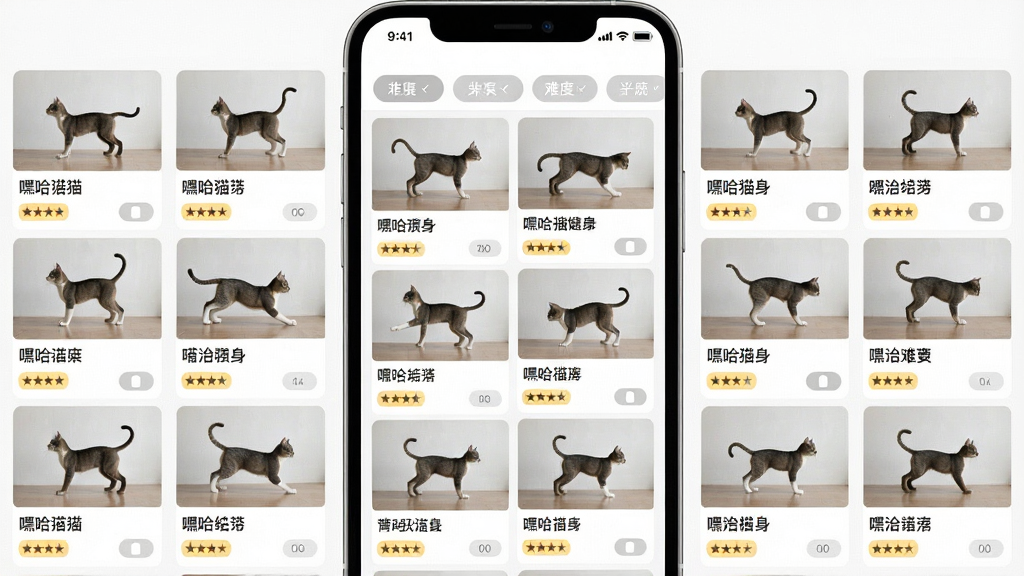 一张展示嘿哈猫健身动作库页面的手机截图,画面中屏幕显示多个运动动作的缩略图网格,每个缩略图下方有动作名称和难度标签,顶部有分类筛选栏,整体布局为网格排列,风格为清爽的运动应用界面,配色以白色和浅灰色为主,细节包括人体动作示意图、难度星级和筛选按钮,画质高清,干净整洁,无多余元素
