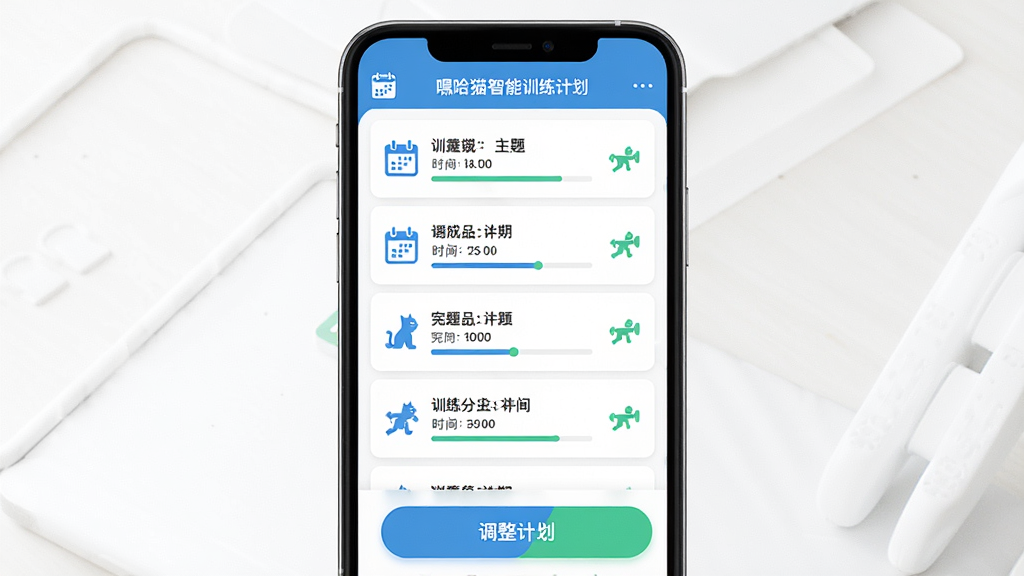 一张展示嘿哈猫健身智能训练计划功能的界面截图,画面中手机屏幕显示一周训练安排表,包含不同日期的训练主题和时长,每个训练日旁边有完成状态标记,下方有调整计划的按钮,整体布局为列表加卡片式设计,风格简洁明快,配色以白色背景搭配蓝色和绿色点缀,细节包括日历图标、进度条和运动小图标,画质高清,干净整洁,无多余元素