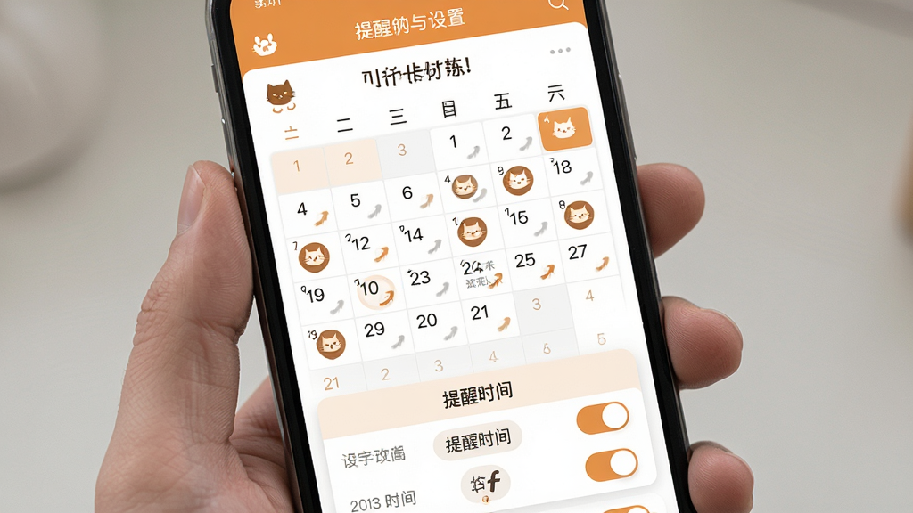 一张展示嘿哈猫健身训练提醒与打卡功能的界面截图,画面中手机屏幕显示打卡日历和提醒设置选项,日历上有已打卡日期的标记,下方有提醒时间选择器,整体布局为日历加设置列表,风格为温馨友好的应用界面,配色以白色和暖橙色为主,细节包括打卡图标、日历标记和开关按钮,画质高清,干净整洁,无多余元素