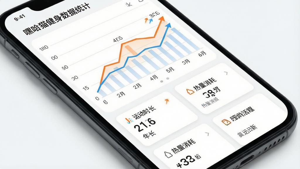 一张展示嘿哈猫健身数据统计页面的手机截图,画面中屏幕显示折线图和柱状图,图表下方有运动时长、热量消耗等数据摘要,整体布局为图表加数据卡片,风格为现代数据可视化界面,配色以白色背景搭配橙色和蓝色数据线,细节包括坐标轴、数据标签和趋势箭头,画质高清,干净整洁,无多余元素