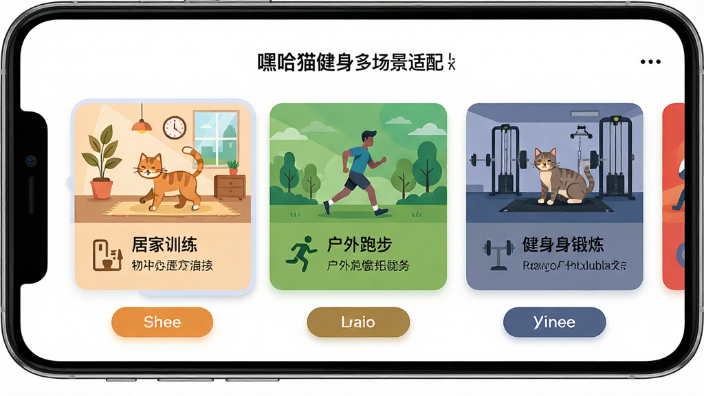 一张展示嘿哈猫健身多场景适配功能的界面截图,画面中手机屏幕显示不同运动场景的选择卡片,包括居家训练、户外跑步和健身房锻炼,每个卡片有对应的图标和简要说明,整体布局为横向卡片滑动式,风格为活力运动应用界面,配色以白色背景搭配多种场景色块,细节包括场景插画、图标和选择按钮,画质高清,干净整洁,无多余元素