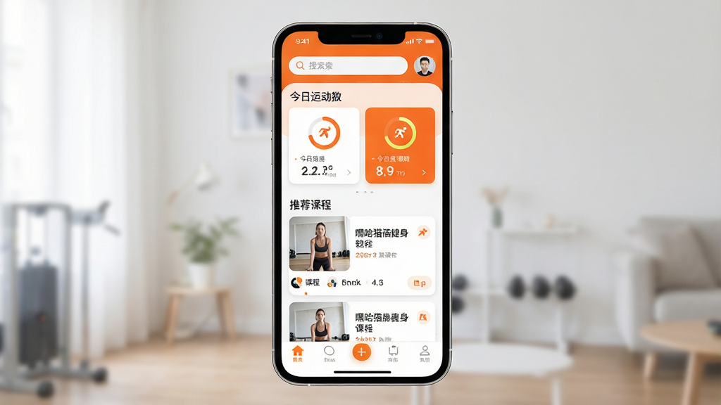 一张展示嘿哈猫健身软件主界面的手机屏幕截图,画面中央是手机竖屏显示健身应用首页,顶部有搜索栏和用户头像,中部有今日运动数据卡片和推荐课程列表,底部有导航栏,整体布局清晰,风格为清新简约的现代健身应用界面,配色以白色和活力橙色为主,细节包括运动图标、进度环和课程缩略图,画质高清,干净整洁,无多余元素