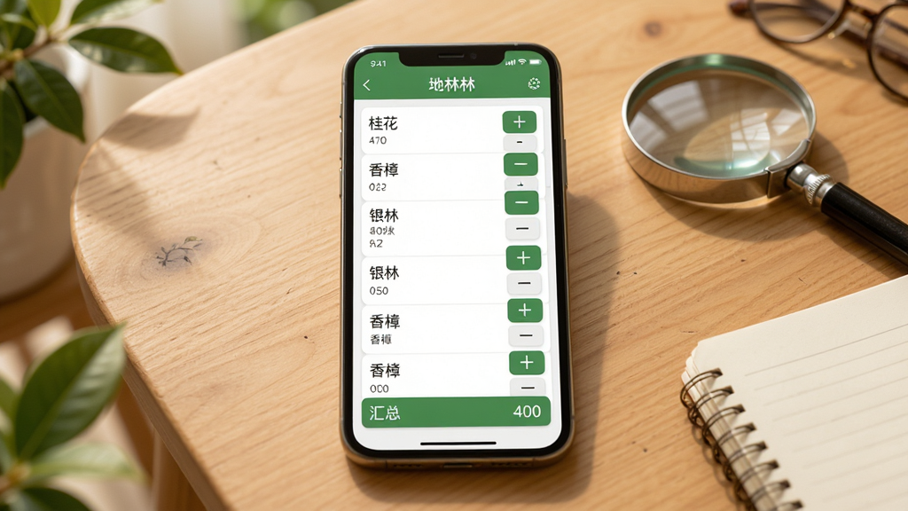 地林林苗木清点功能界面,画面展示手机屏幕内苗木列表和计数面板,屏幕上显示