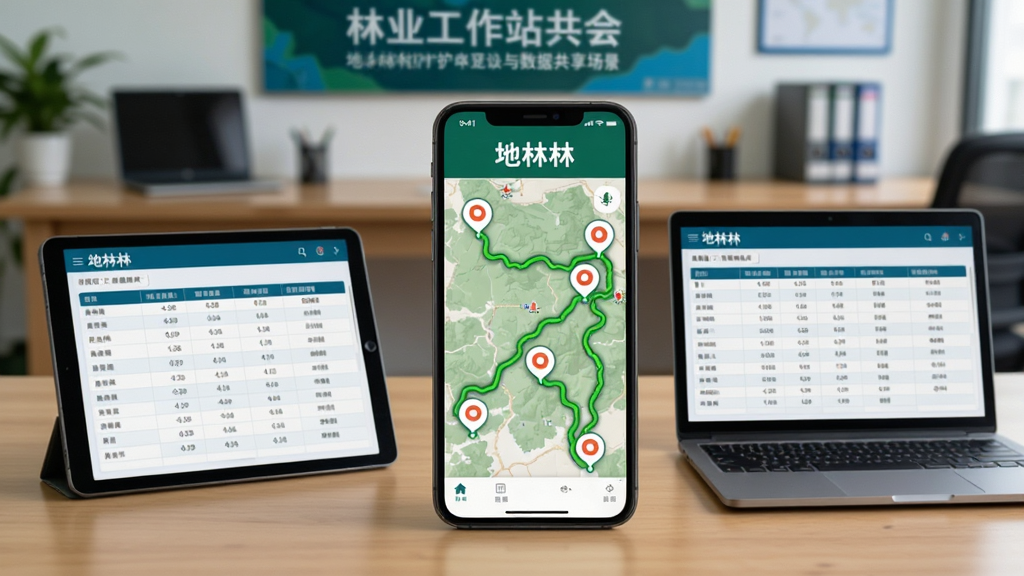 地林林巡护轨迹与数据共享场景,画面中一部手机横屏显示地图界面,地图上有绿色轨迹线和多个标注点,屏幕上方显示