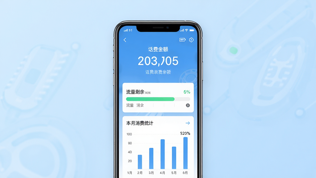 话费余额管家软件主界面全貌展示,画面中央是手机屏幕,屏幕内显示话费余额数字、流量剩余进度条和本月消费统计图表,背景是干净的浅蓝色渐变,布局简洁清晰,风格为扁平化科技风,细节包含信号图标和电池图标,画质高清,干净,无多余元素