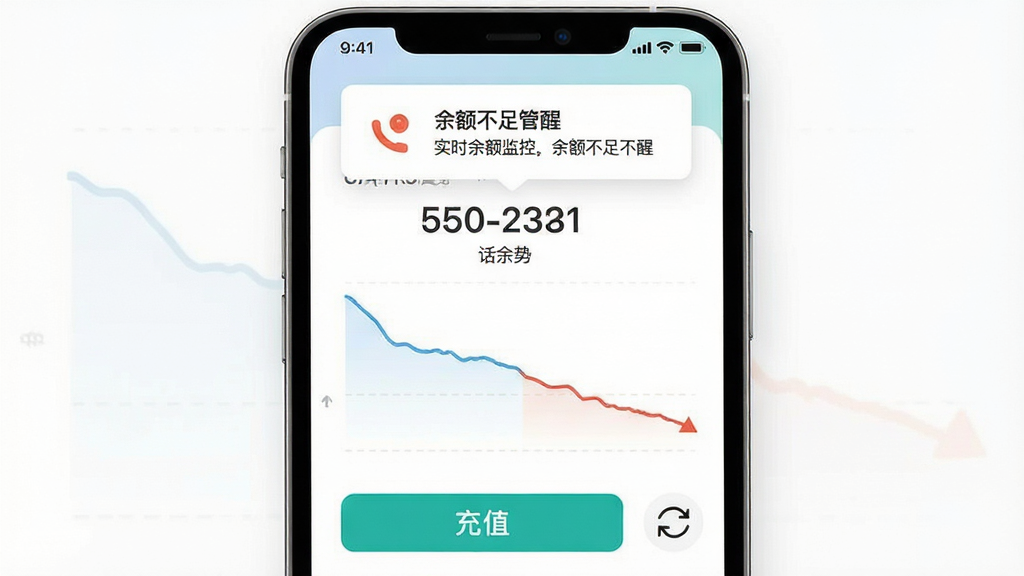 话费余额管家实时余额监控界面,画面中手机屏幕显示话费余额数字和趋势折线图,折线图从高到低呈现消耗走势,屏幕上方有余额不足提醒弹窗,背景为白色简洁风格,布局上下结构,风格为现代扁平化,细节包含充值按钮和刷新图标,画质高清,干净,无多余元素