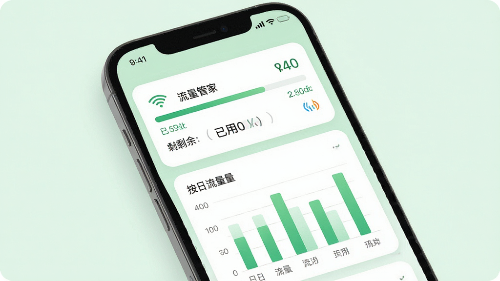 话费余额管家流量统计界面,手机屏幕显示流量进度条和已用剩余数字,下方有按日流量柱状图,背景为浅绿色清新风格,布局卡片式排列,风格为清爽简约,细节包含WiFi图标和移动数据图标,画质高清,干净,无多余元素