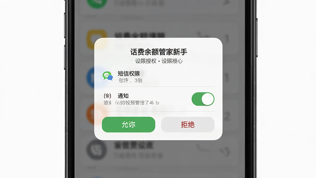 话费余额管家新手设置引导页面,手机屏幕显示权限授权弹窗,包含短信权限和通知权限开关,背景为白色简洁风格,布局为居中弹窗式,风格为现代扁平化,细节包含允许和拒绝按钮,画质高清,干净,无多余元素