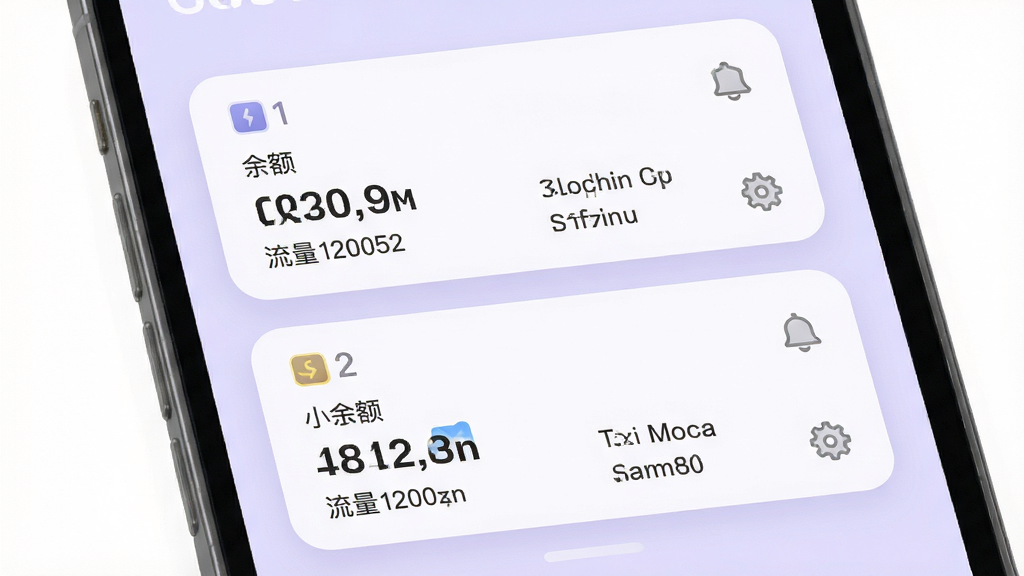 话费余额管家多卡管理界面,手机屏幕显示两张SIM卡的信息卡片,分别标注卡1和卡2,每张卡片上有余额和流量数据,背景为淡紫色柔和风格,布局为上下双卡片排列,风格为柔和圆角设计,细节包含设置齿轮图标和铃铛提醒图标,画质高清,干净,无多余元素