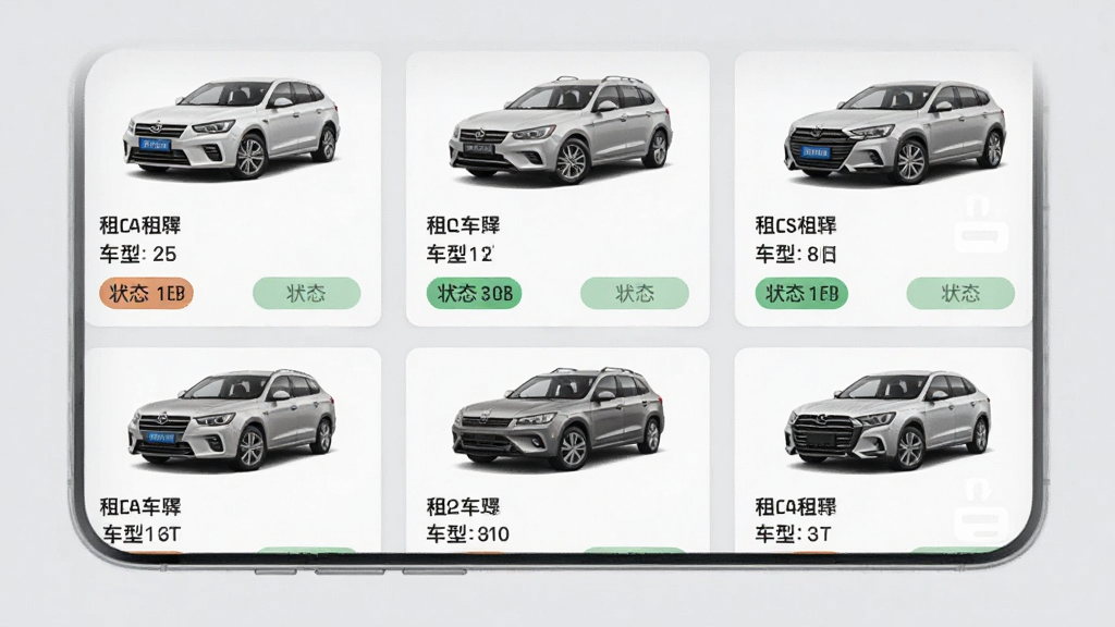 一张展示租车帮车辆管理列表界面的手机截图,画面中手机屏幕显示多辆汽车的卡片信息,包含车牌、车型和状态标签,背景为浅灰色,风格简洁商务,排版整齐,画质清晰干净